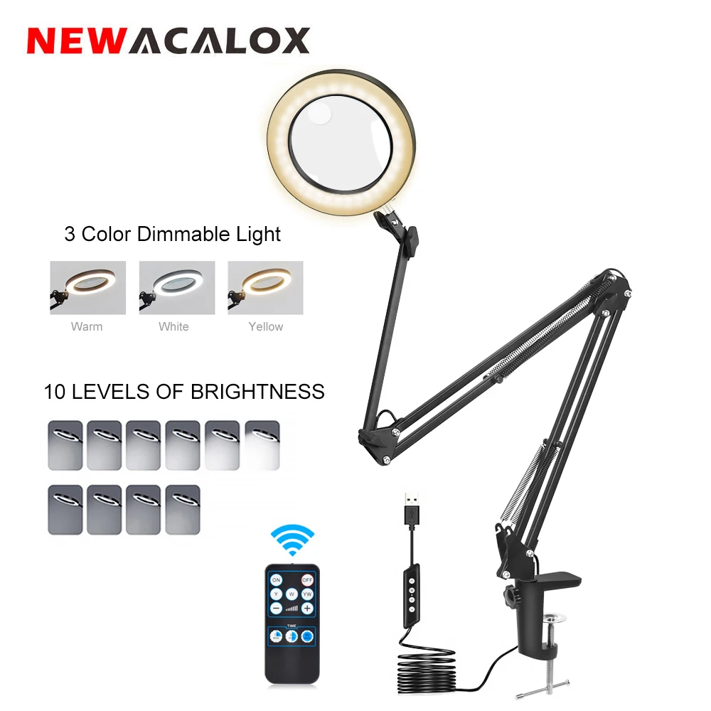 NEWACALOX Remote Control USB 10X/5X Magnifier LED Illuminated Magnifying Glass Featuring Light Third Hand Soldering Tool