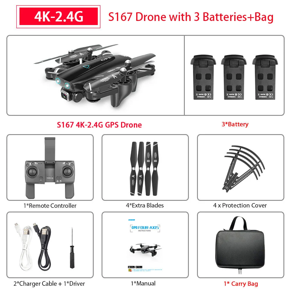 S167 gps Дрон 4K 5G wifi 1080P FPV камера дроны gps следуем за мной высота держать широкоугольный Квадрокоптер с камерой складной Радиоуправляемый Дрон - Цвет: 4K 3Batteries Bag