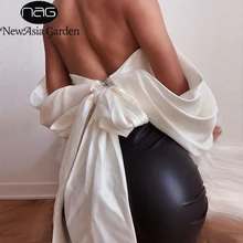 NewAsia Garden Off Shoulder Blouse Women Glossy Deep V neck Backless White Tops Fashion Back Big Bow Sexy Blusas Casual 2020 New
