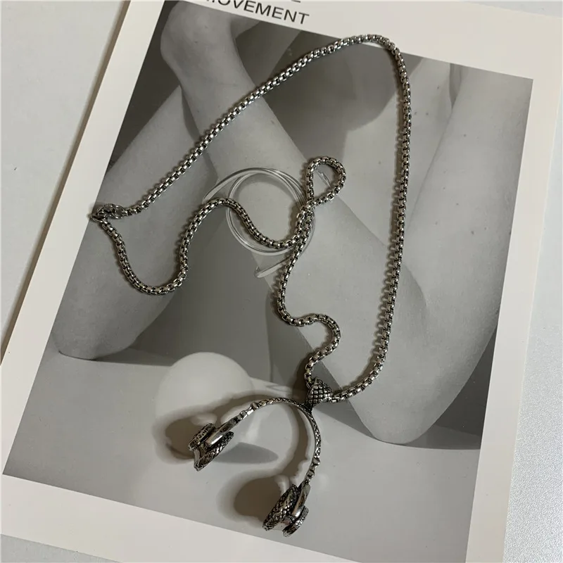 HUANZHI New Headphone Pendant Stainless Steel Long Chain Metal Necklace Hip Hop Cool Guy Gifts for Girls Boys