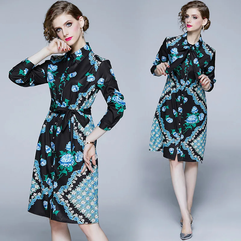 

New Products WOMEN'S Dress New Style Long Sleeve Single Breasted Fold-down Collar Vintage Floral Printed Waist Hugging Lace-up S