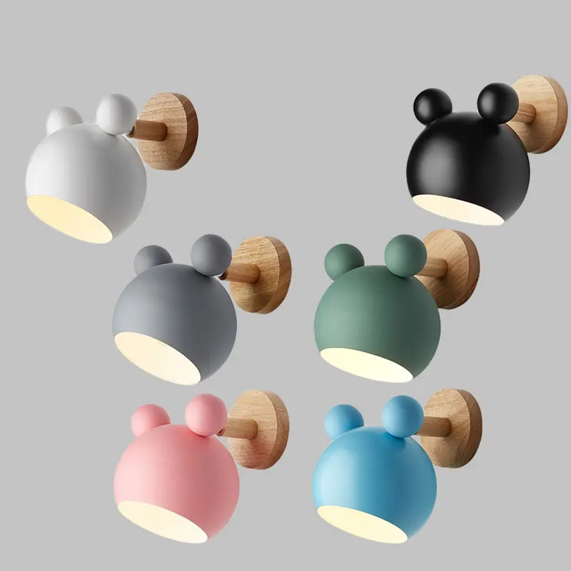 

Creative Mickey Wooden Simple wall light Reading Bedroom Bedside Lighting study Children room wall lamp