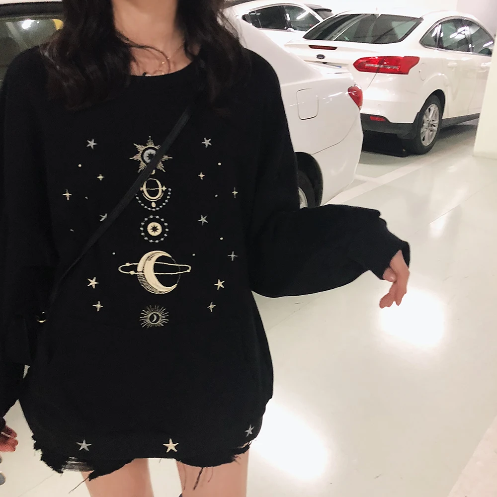 

LMCAVASUN Harajuku Sweatshirts Women Star Moon Planet Embroidered Long Sleeve Loose Pullovers Female