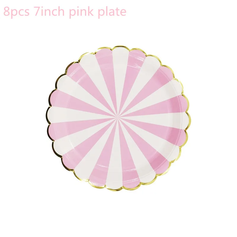Бронзовая полосатая бумага в горошек одноразовая посуда набор тарелок чашки соломинки детская игрушка в ванную День рождения Свадьба фестиваль вечерние поставки - Цвет: 7inch Pink1 plate