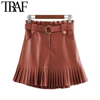 

TRAF Women Vintage Stylish Faux Leather Ruffles Mini Skirt Fashion High Waist With Belt Pleated Female PU Skirts Faldas Mujer