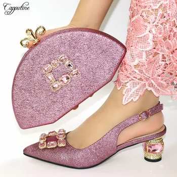 

Nice pink high heel Italian design pointed toe shoes and handbag sets with stones for wedding/party VC110 Heel Height 6.5CM