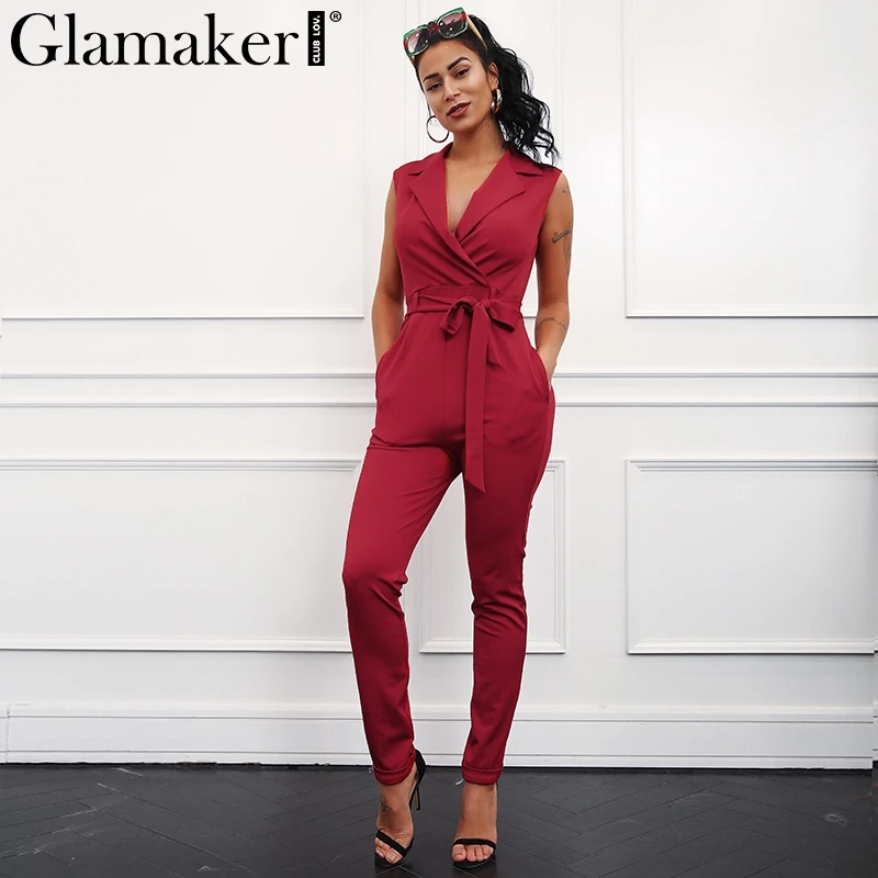 Glamaker элегантный пояс галстук-бабочка соблазнительный комбинезон-ромпер без рукавов с высокой талией костюм пляжного типа Женский v-образный вырез офисный длинный комбинезон