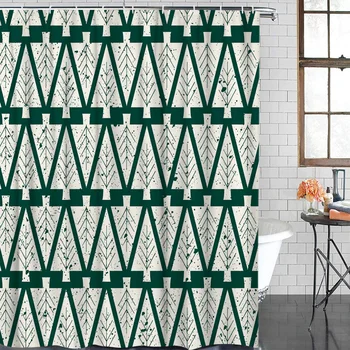 

Christmas Theme Geometric Christmas Tree Pattern Green Shower Curtain Waterproof Polyester With 12 Hooks