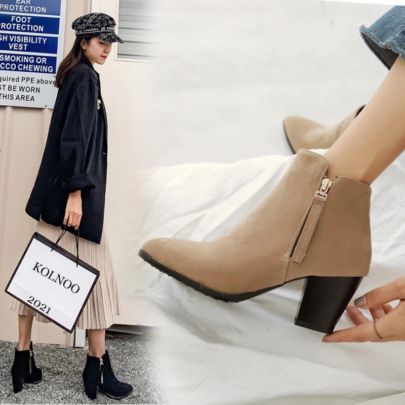 Kolnoo New Winter Style Womens Ankle Boots Versatile Matte-Suede Pointed-Toe Dress Boots Large Size 34-50 Fashion Short Shoes