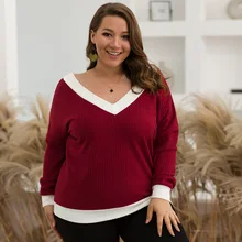 Европа и Америка, осень и зима, стиль, v-образный вырез, контрастный цвет, длинный рукав, вафельный стиль, модный, большой размер, для женщин