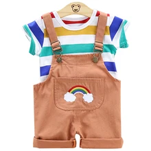 Повседневная дышащая футболка для малышей; комплект из двух предметов; Удобный Летний комбинезон в полоску с круглым вырезом; милая хлопковая одежда