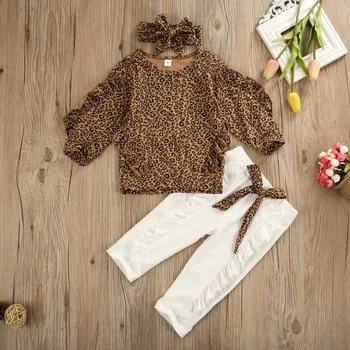 

2020Spring Autumn Baby Toddler Girl Clothes Cotton Children's Sets Leopard Print Ruffled Tops+Pants Suits For 6M 12M 2T 3T 4T 5T