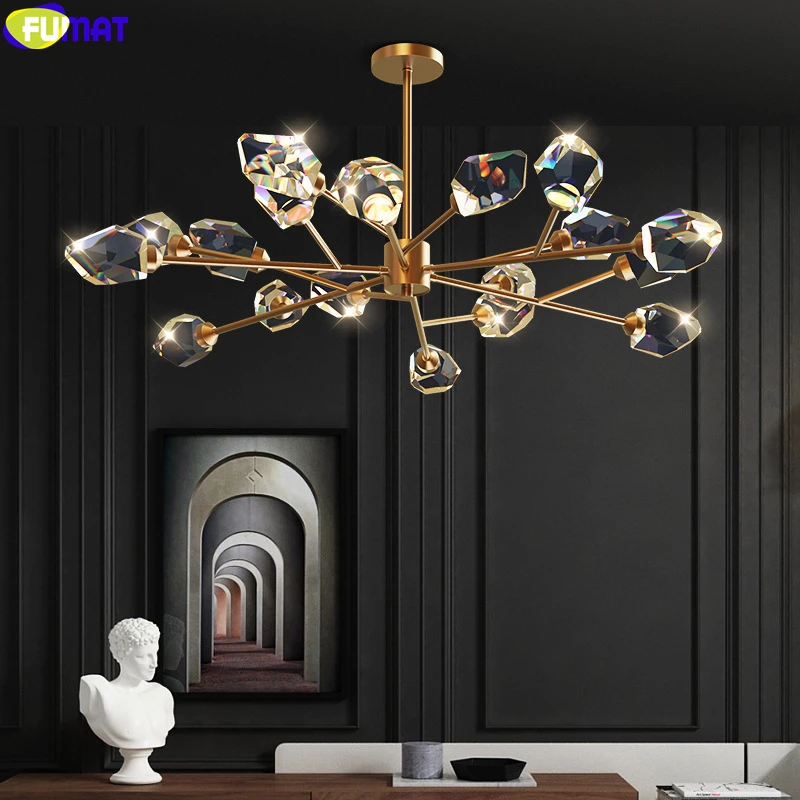 

FUMAT 2020 New Brief Chandelier LED Ice Crystal Branch Pendant Lamp Copper Frame Dinning Living Room Luxury Villa Hanging Light