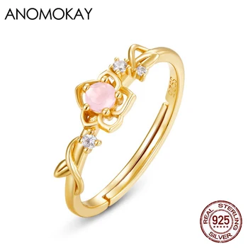 

Anomokay Openwork Flower Pattern Adjustable 925 Silver Women Ring Luxury Jewelry Gift Gold Color Ring with Pink Crystal