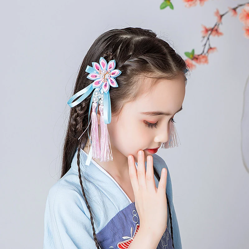 Hanfu Китайский головной убор, детская заколка с кисточками, заколка для маленьких девочек в стиле ретро, антикварные аксессуары, костюм для девочек с цветами
