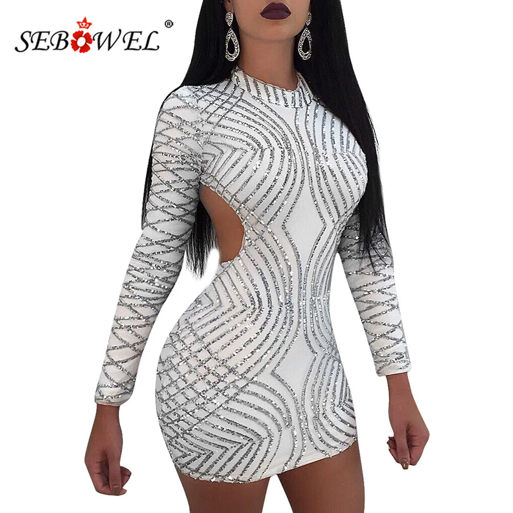 

SEBOWEL Nightclub Women's Sexy Long Sleeve Backless Sequin Bodycon Dresses New Female Glitter Curve Tight Mini Dress Size S-XL