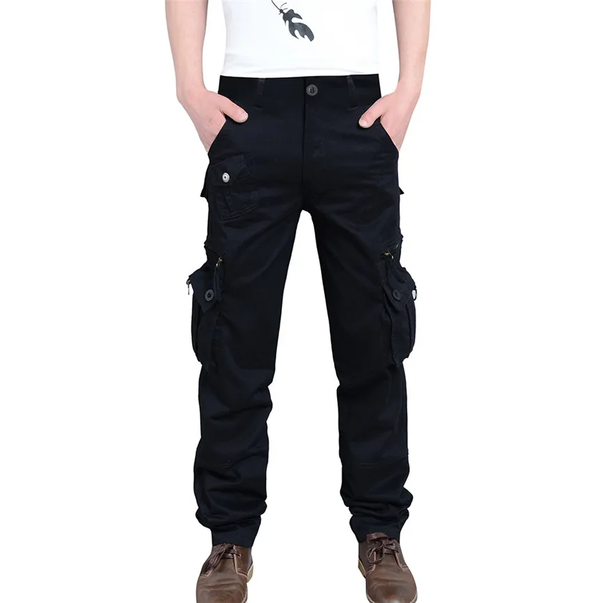 Новые мужские брюки для бега, повседневные мужские новые модные повседневные однотонные рабочие брюки с несколькими карманами, длинные брюки - Цвет: Black