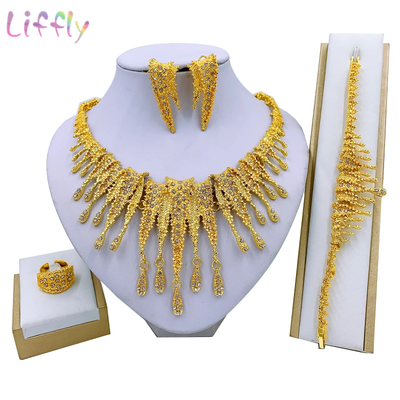 

Liffly Luxury Dubai Gold Jewelry Sets for Women African Wedding Bridal Jewelry Set Necklace Bracelet Earrings Ring