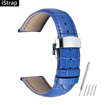 

iStrap Genuine Calf Leather Watchbands Strap Soft Hand Stitched Silver Butterfly Clasp Bracelet Durable for Tissot IWC Casio