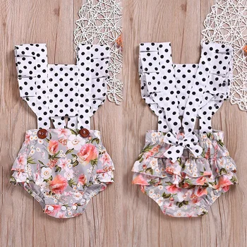 

Baby Toddler Newborn Girls Set Dot Floral Print Backless Jumpsuit Flare Sleeve Infant Outfits Infant Baby Girls Clothes Sets