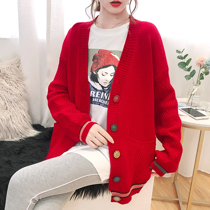 

Knitted Cardigan sweater Women 2019 New Fashion Button Autumn Winter Casual Simple Solid Sweater Female V-Neck Plus size Big