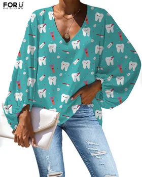 

FORUDEGINS Fashion Women Soft Blouse Kaiwaii Dental Nurse Teeth Print Female Long Tops Cloth Black Fridays Deals chemisier femme