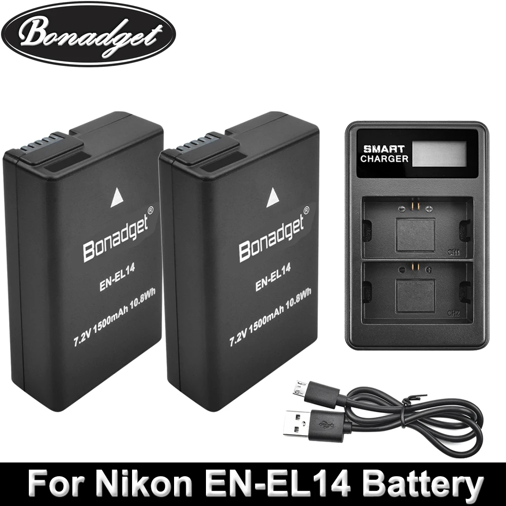 Батарейный блок Bonadget для фотоаппарата Nikon с двойным зарядным устройством USB + ЖК