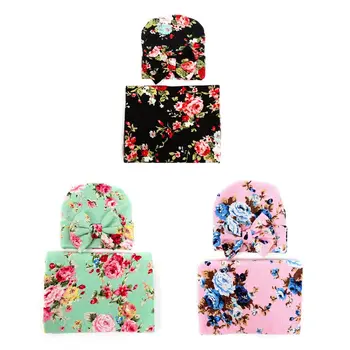 

2 Pcs/set Newborn Print Wrapping Blanket Hat Baby Kids Bow-knot Cap Swaddle Wrap Set Photo Props