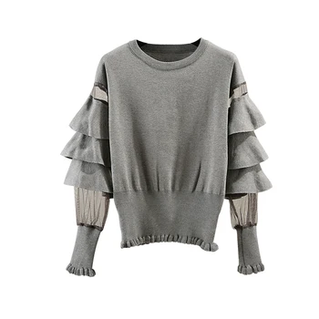 

2020 long Sleeve O Neck Slim Waist Sweaters Women ruffled Sleeve Knitted Pullovers Lady Cake Sleeve Ruffles Sweaters Tops