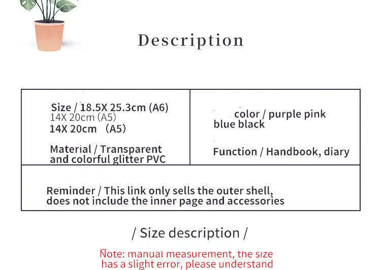 SKYSONIC A5 A6 Zipper Binder Cover-Loose Leaf Organizer Diary-Bullet Transparent PVC Case Photo Organizer Stationery Supplies