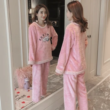 

2020 Winter Long Sleeve Thick Warm Flannel Pajama Sets For Women Coral Velvet Pyjama Girls Cute Sleepwear Homewear Home Clothing