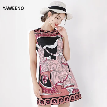 

Summer New Runway Fashion Fashion Retro Printing Heavy Work Beaded Sleeveless A-Line Ladies Back Zipper Slim Dress