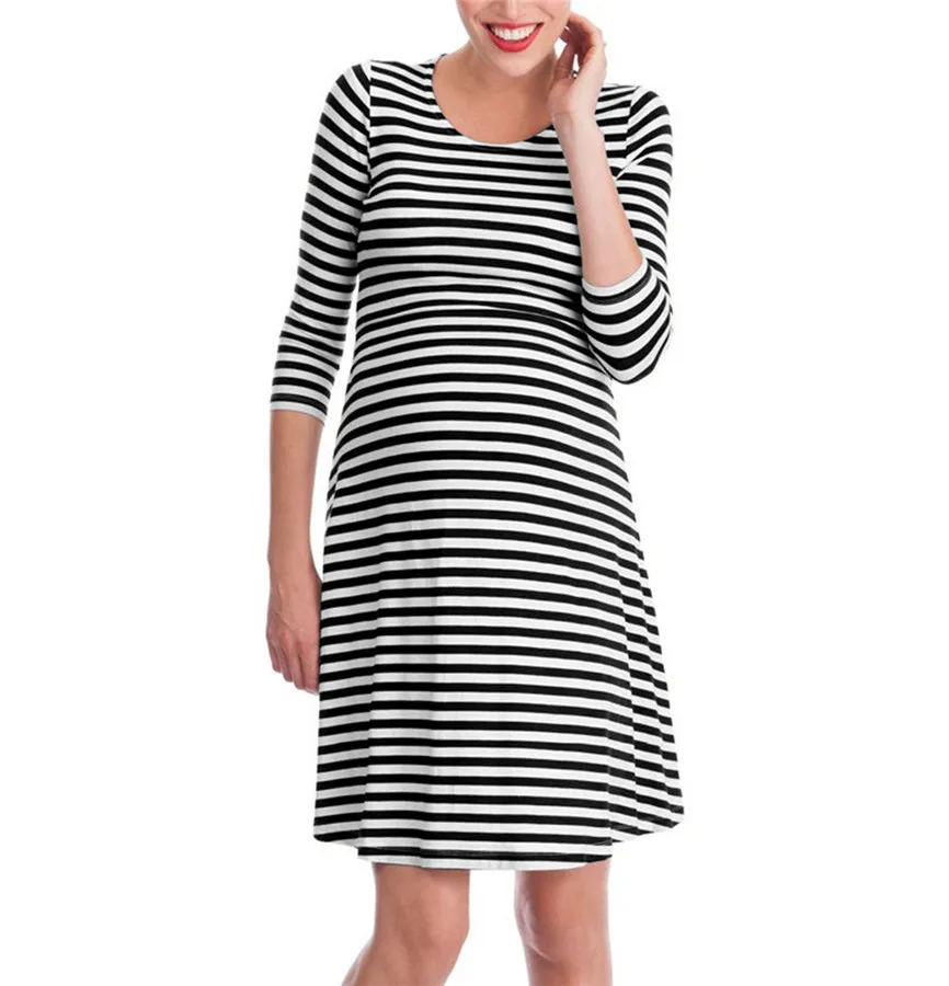 

Pregnancy Dress Casual Women Striped Pregnant Nursing Baby Clothes Maternity Multifunctional Dresses 3/4 Sleeve Soft Clothing