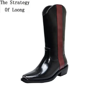 

Fashion Spring Autumn Genuine Leather Mid-Calf Women Equestrian Boots Slip-On Square Toe Metal Sewing Ladies Knight Boots 190820