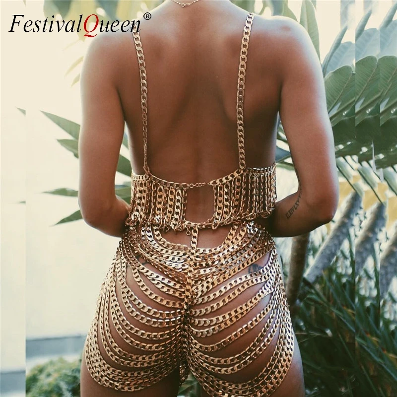 Gothic Body Chain Two Piece Set Crop Tops and Shorts Handmade Metal Chain Punk 2 Piece Set for Women Rave Costume Gothic Body Chain Two Piece Set Crop Tops and Shorts Handmade Metal Chain Punk 2 Piece Set for Women Rave Costume