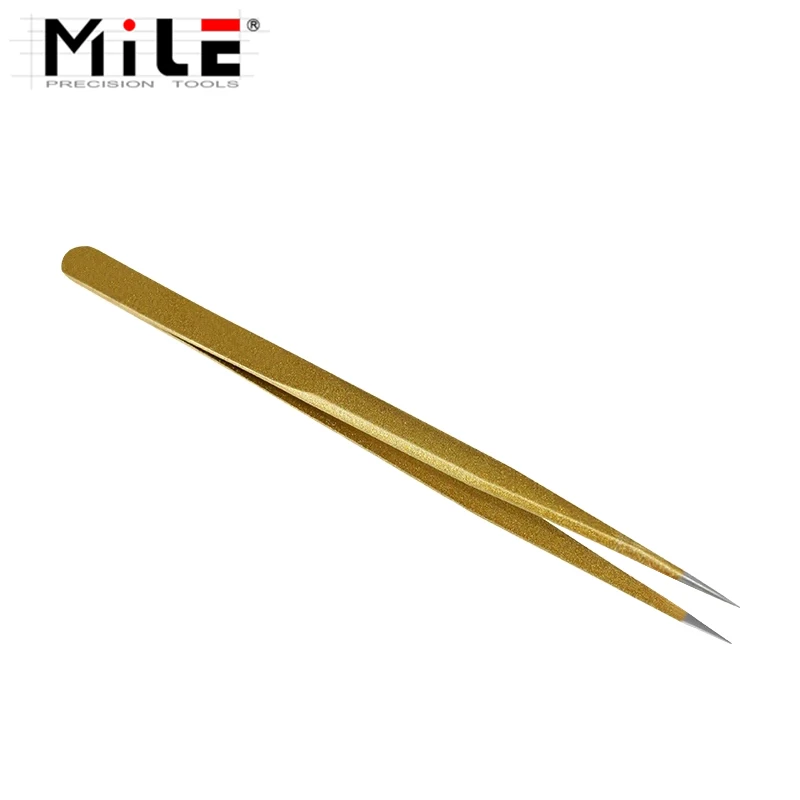 MILE Precision Anti-static140mm Gold Straight Tweezers Stainless Steel Electronic Pointed Tip Straight Tweezer Forceps