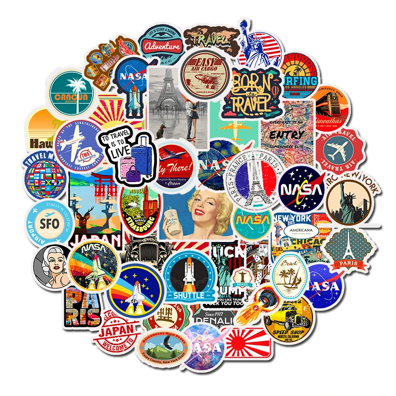 

50Pcs/lot Retro Style Sticker Graffiti Travel Funny Rocket Plane Stickers for DIY Kid Sticker on Suitcase Bicycle Skateboard Car
