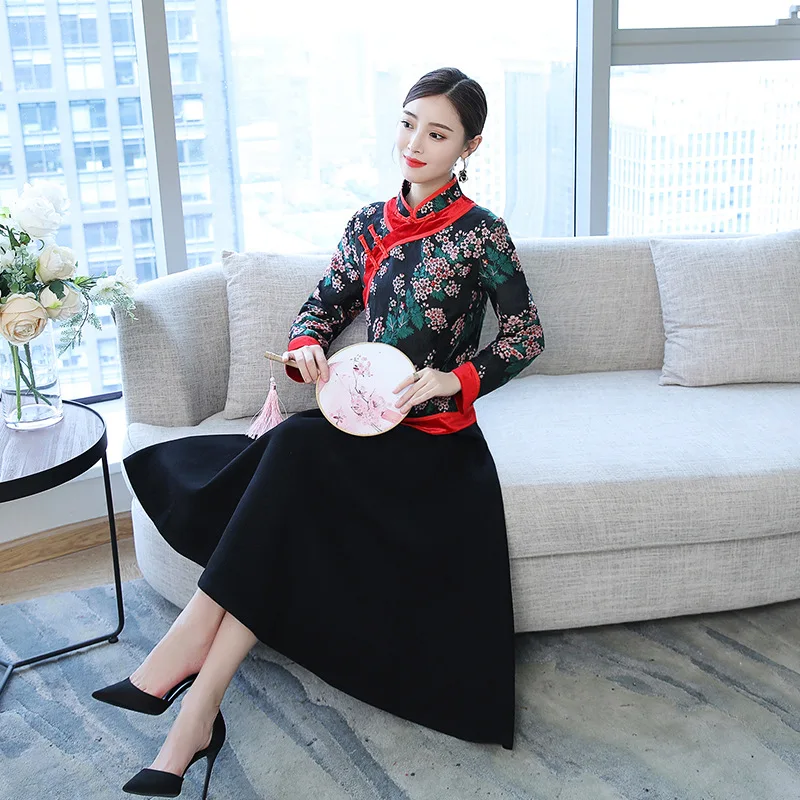 

Vintage Printed Frog Improved Cheongsam Two-Piece Women's 2018 Autumn And Winter New Style Antique Style Woolen Suit Dress Fashi