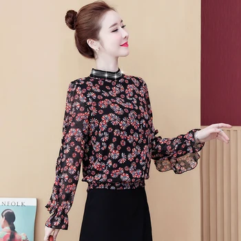 

COIGARSAM Fashion blouse women New Spring Korea Style Office Lady Print Chiffon Loose blusas womens tops and blouses 8233