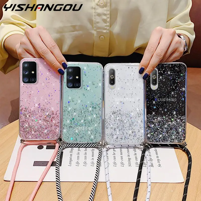 Λουράκι λαιμού Clear Glitter Θήκη για Samsung Galaxy A51 A71 S20 FE S23 S22 S21 Ultra S10 Plus A12 A13 A73 A32 A54 A53 5G A52 A72_voghion.com