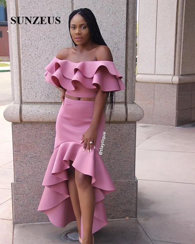 Высокие Низкие платья выпускного вечера с оборками с открытыми плечами из двух частей Вечерние платья африканские черные платья для девочек vestido de fiesta de gala