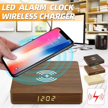 

Alarm Clock with Phone Wireless Charger LED Modern Digital Clock with Qi Charging Electronic Desktop Clock Wooden Electric Clock