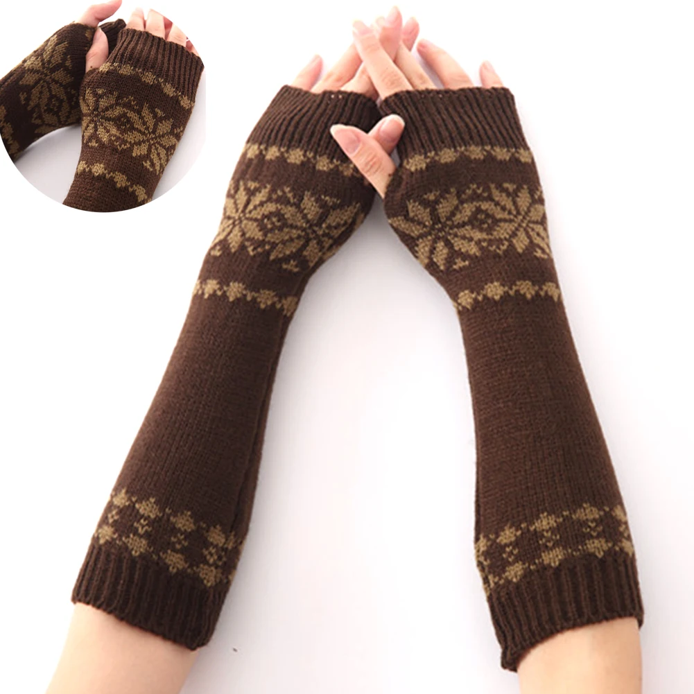 Подарок для девочек, зимние теплые вязаные перчатки без пальцев, длинные женские зимние перчатки с орнаментом, вязаные