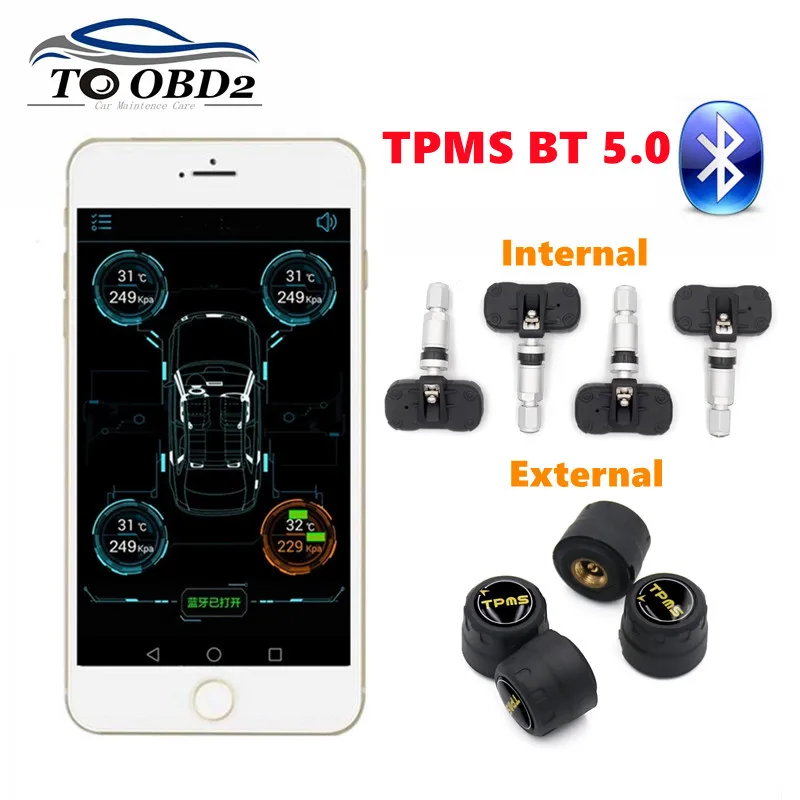Car tire pressure monitor motorcycle tire pressure monitor car tire pressure sensor New TPMS Bluetooth 5.0 Tire Pressure Monitor System 4 Internal/External Sensor Works Android/iOS Mobile Phone APP Display
