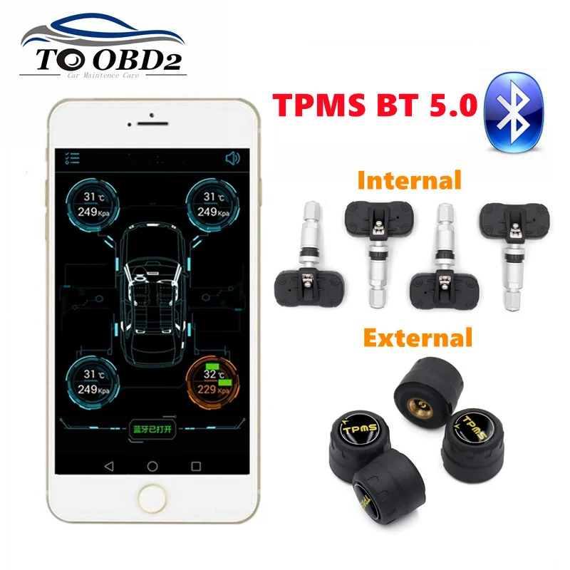 New TPMS Bluetooth 5.0 Tire Pressure Monitor System 4 Internal/External Sensor Works Android/iOS Mobile Phone APP Display car alarms for sale