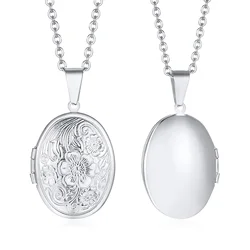 Elegant Floral Oval Heart Locket Necklace in Stainless Steel - Timeless Love Keepsake Gift (PN-1497S)