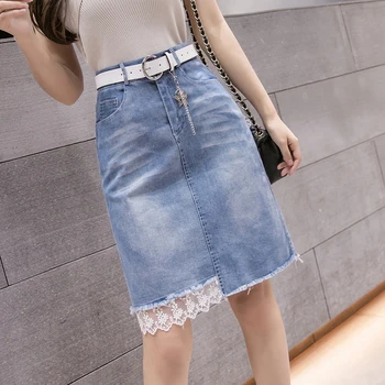 

Korea Denim Skirt Ladies Summer Elastic High Waist Jeans Skirts Women Casual Was Thin Irregular Splice Lace Package Hip Skirt
