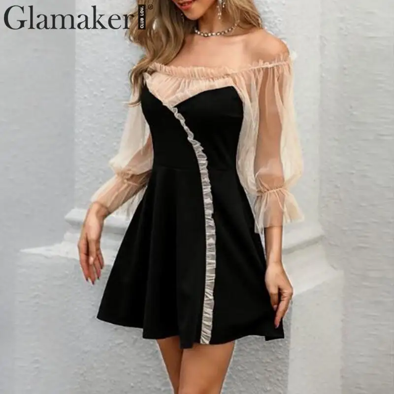 Glamaker лоскутное короткое платье для вечеринки женское сексуальное прозрачное платье с рюшами и длинным рукавом для ночного клуба женское Сетчатое платье без бретелек в стиле ретро