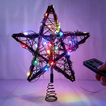 

Rattan Gold Star Shape Tree Top Light Christmas Tree Leaning Stars Rustic LED Tree Top Decoration Indoor HFing