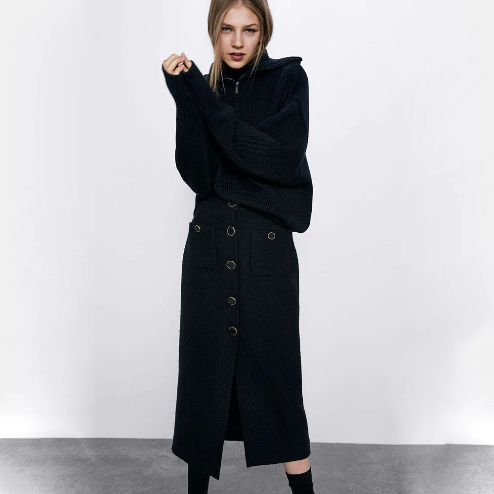 Fashion ZA New Fashion Texture Straight Skirt Women Tight Skirt Pocket Single-breasted Hem Slit Calf Skirts Women Hot Sale